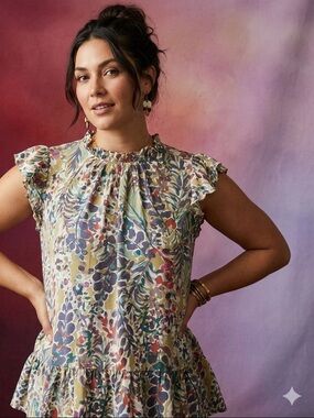 Jodifl Floral Ruffle Cap-Sleeve Peplum Top - Multi LARGE